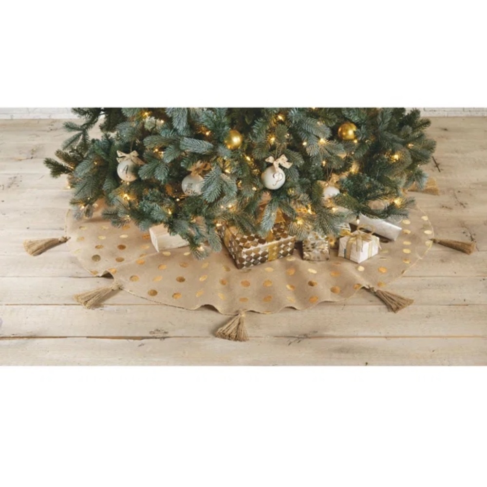 Burlap Tree Skirt with Gold Polka Dots and Large Tassels - Picture 8 of 9
